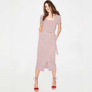 BODEN Hallie Jersey Cotton Nautical Striped Tie Waist Pocket Midi Dress Size 14